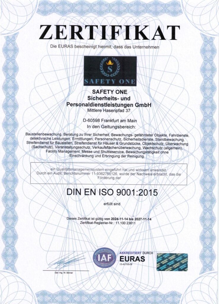 ISO Qualitatsmanagementsystem sicherheitsdienst security firma safetyone